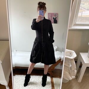 BLACK LAGENLOOK DRESS COAT PARACHUTE STRETCH HEM POCKETS FRONT ZIPPER